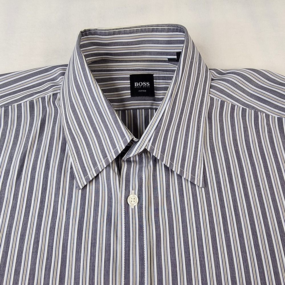 HUGO BOSS Fitted Gray Striped Mens Size XXL Dress‎ Button Up Shirt Long Sleeve